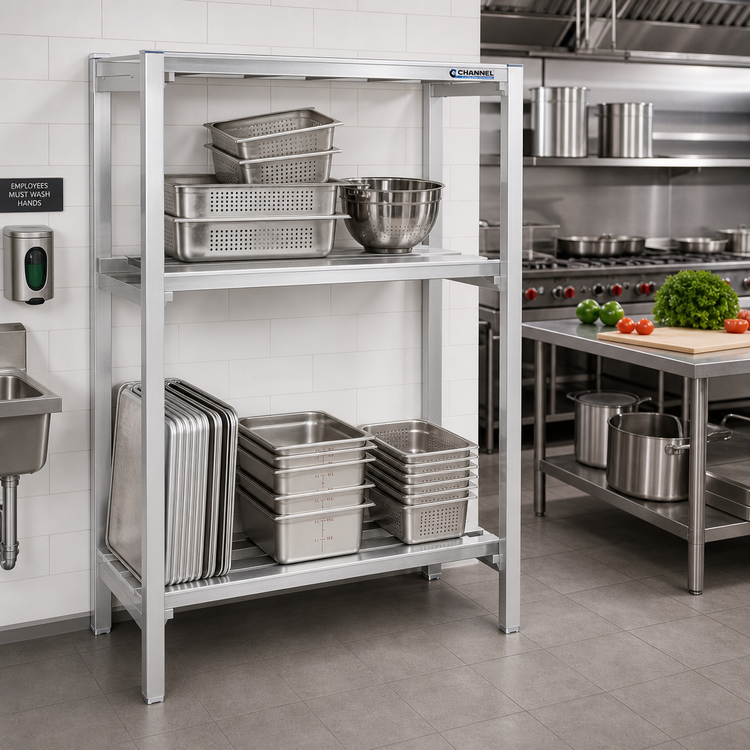 Product image #2 for Channel Manufacturing Lifetime Tough All-Welded 2-Shelf Channel-Style Aluminum Dunnage Shelving, 54"W x 20"D x 64"H
