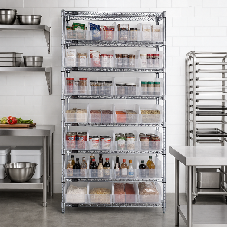 Product image #2 for Quantum 36" x 18" x 74" Stationary Bin Wire Shelving System with 9 Shelves and 32 Clear Bins