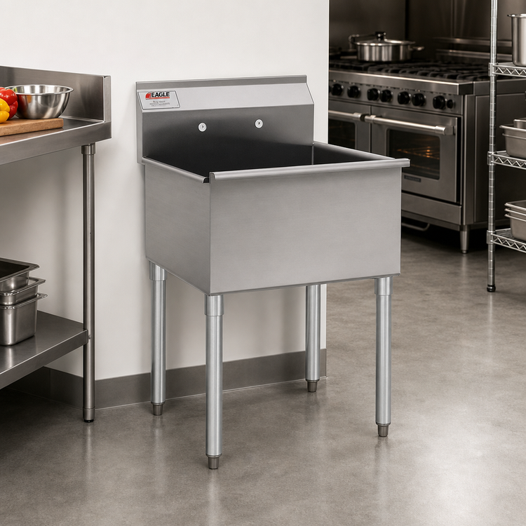 Product image #2 for Eagle Group One-Compartment Utility Sink, 19-3/8"W x 25"D, 16-Gauge 430 Stainless Steel, 8" Backsplash, With Legs