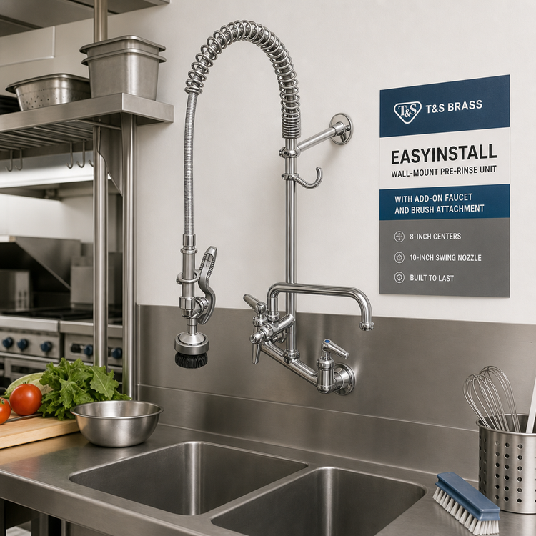 Product image #2 for T&S Brass EasyInstall Wall-Mount Pre-Rinse Unit with Add-On Faucet and Brush Attachment, 8-Inch Centers, 10-Inch Swing Nozzle