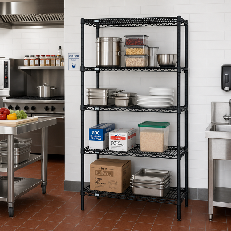 Product image #2 for Quantum 4-Shelf Black Epoxy Stationary Wire Shelving Starter Kit, 24" W x 21" D x 54" H