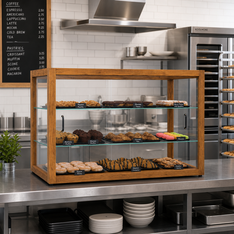 Product image #3 for KoolMore Countertop Bakery Display Case with Straight Glass Front, 3 Tempered-Glass Shelves, and Sliding Rear Doors