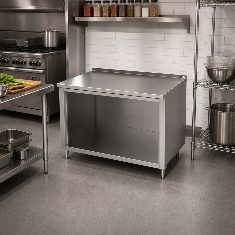 Product image #2 for John Boos 48 Inch x 30 Inch Stainless Steel Cabinet Base Work Table with Open Front and 1-1/2 Inch Rear Riser