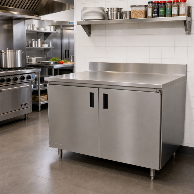 Product image #2 for Advance Tabco 60-Inch x 36-Inch Enclosed Stainless Steel Work Table with Cabinet Base, Mid-Shelf, Hinged Doors, and 5-Inch Backsplash