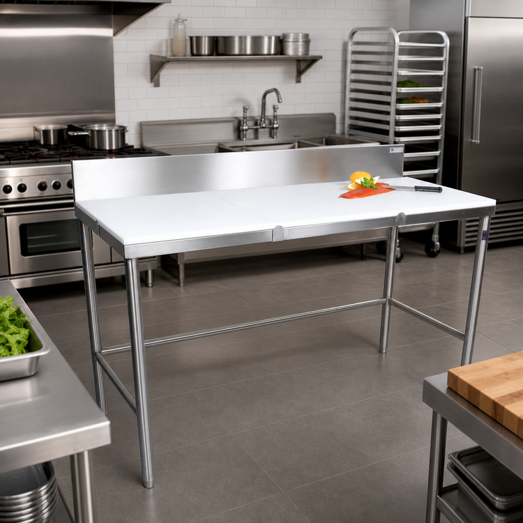 Product image #2 for John Boos 84-Inch x 36-Inch Reversible Poly Top Trimming Table with 6-Inch Removable Backsplash and Stainless Steel Legs