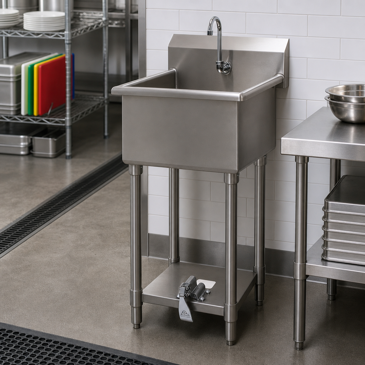 Product image #2 for Advance Tabco Floor-Mounted Stainless Steel Service Sink with Toe-Push Faucet and Gooseneck Spout, 27 x 21-1/2 x 42-1/2 Inches