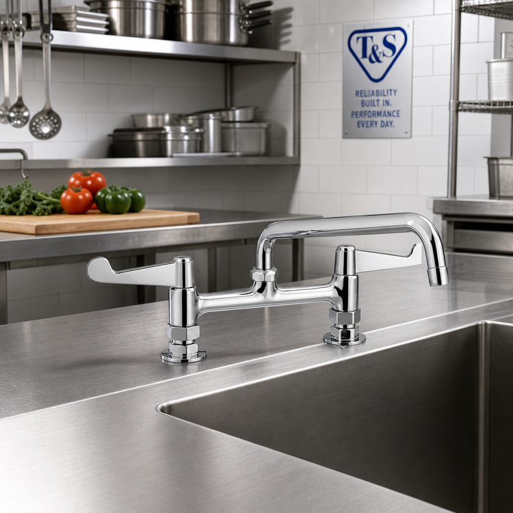 Product image #2 for T&S Brass Low-Lead 8-Inch Center Deck Mount Manual Faucet with 12-Inch Swing Nozzle and Wrist Handles