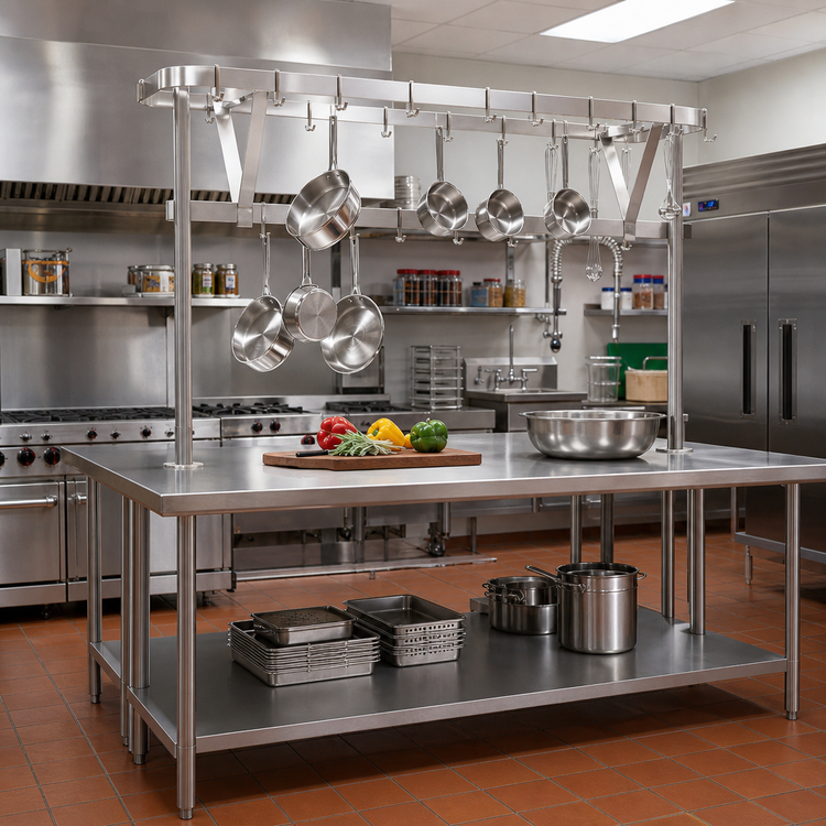 Product image #2 for Eagle Group Table-Mounted Stainless Steel Triple-Bar Pot Rack for 120-Inch Tables, 112W x 20D