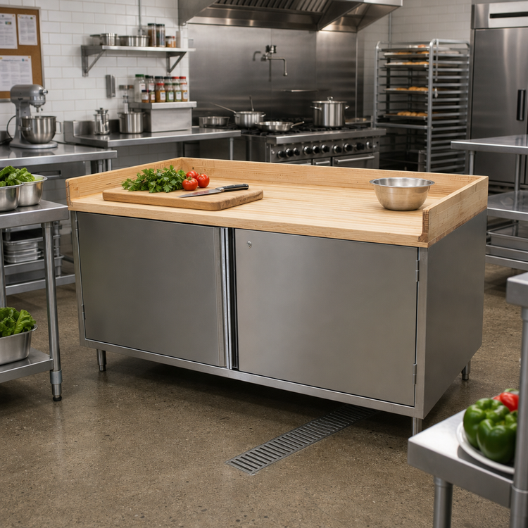 Product image #2 for BK Resources 72 Inch x 36 Inch Hard Maple Wood Top Chef Table with Locking Cabinet Base