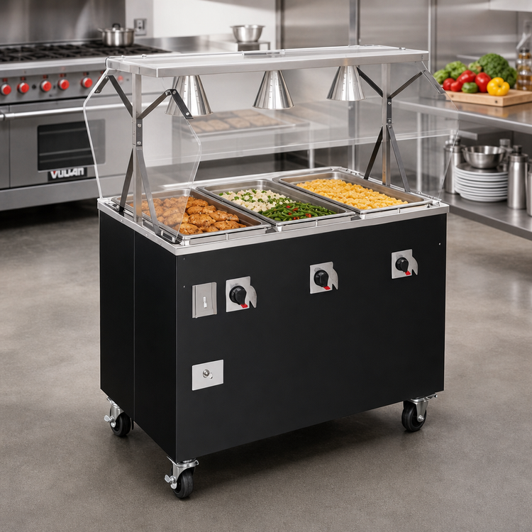 Product image #2 for Vollrath 2-Series Affordable Portable Deluxe 4-Well Mobile Hot Food Station with Buffet-Style Breath Guard and Enclosed Storage Base