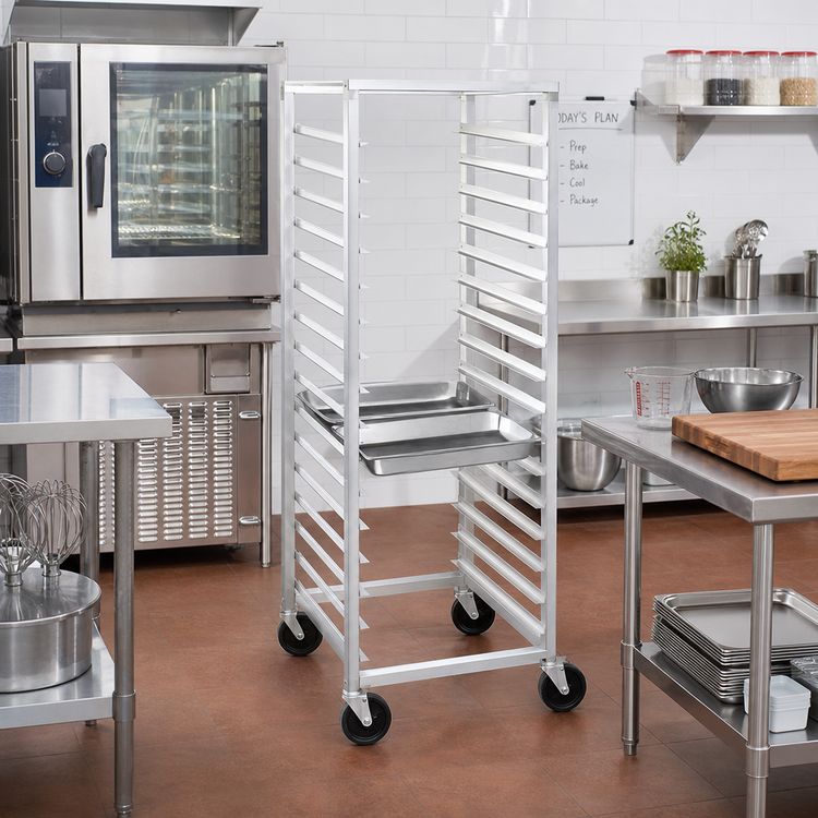 Product image #2 for Channel Standard Series Aluminum Side-Load 12 x 20 Steam Table Pan Rack with 5-Inch Swivel Stem Casters, 36-Inch High, 18-Pan Capacity