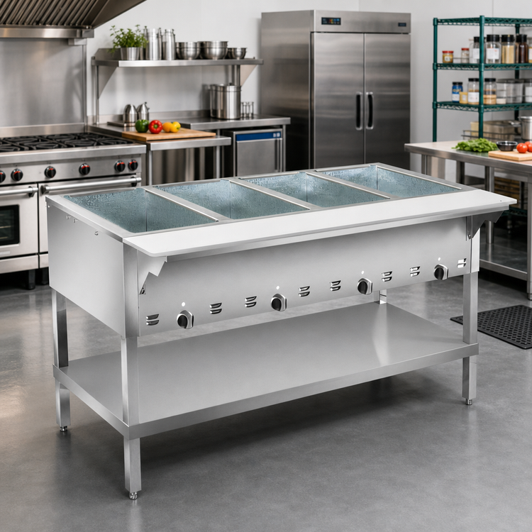Product image #2 for Klinger's Trading 63-Inch 4-Well Dry Heat Gas Steam Table with Open Shelf Base