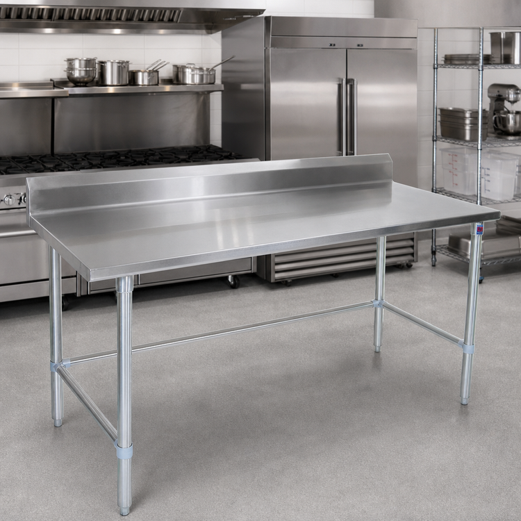 Product image #2 for John Boos Stallion 108" x 36" Stainless Steel Work Table with 5" Backsplash, Safety Edge, and Galvanized Base