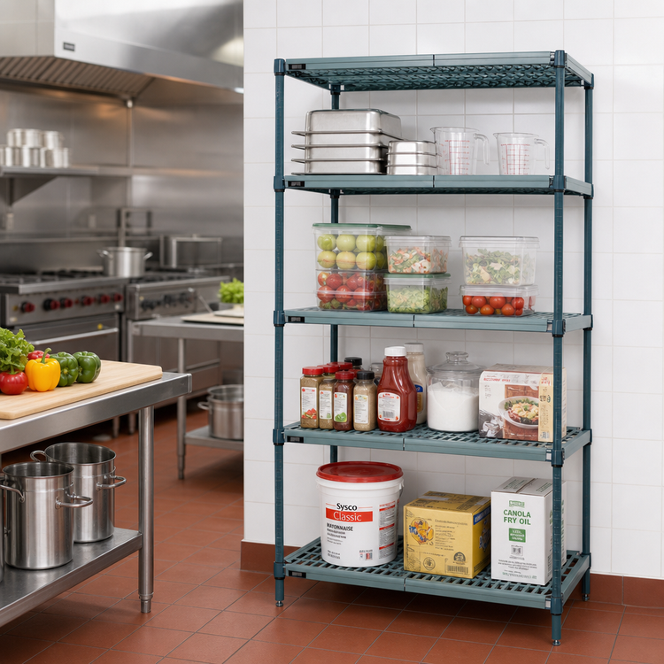 Product image #2 for Quantum 4-Tier Stationary Wire Plastic Mat Shelving Unit, 54 x 21 x 74 Inches, Green Epoxy Antimicrobial Finish