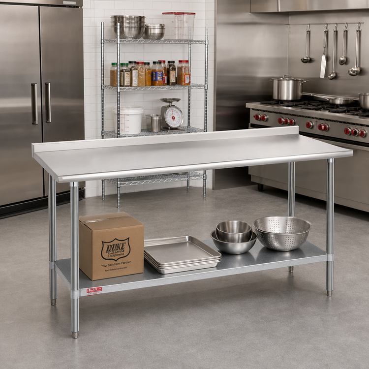 Product image #2 for Duke 144" x 36" 14-Gauge 300-Series Stainless Steel Work Table with 1-1/8" Straight Riser and Galvanized Undershelf
