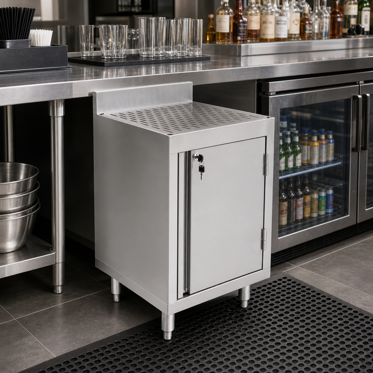 Product image #2 for Freestanding Slim-Line 24-Inch Wide by 18-Inch Deep Stainless Steel Underbar Storage Cabinet with Drainboard and Right-Hinged Locking Door