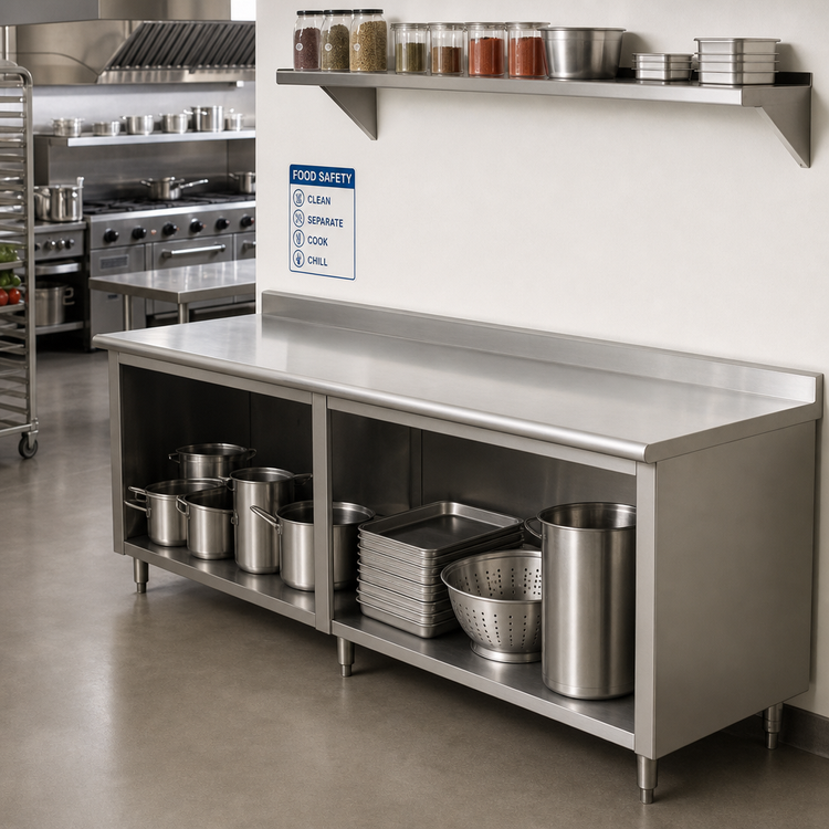 Product image #2 for Advance Tabco Special Value Series 84" x 30" Open Base Work Table with 5" Backsplash, 16 Gauge 304 Stainless Steel Top