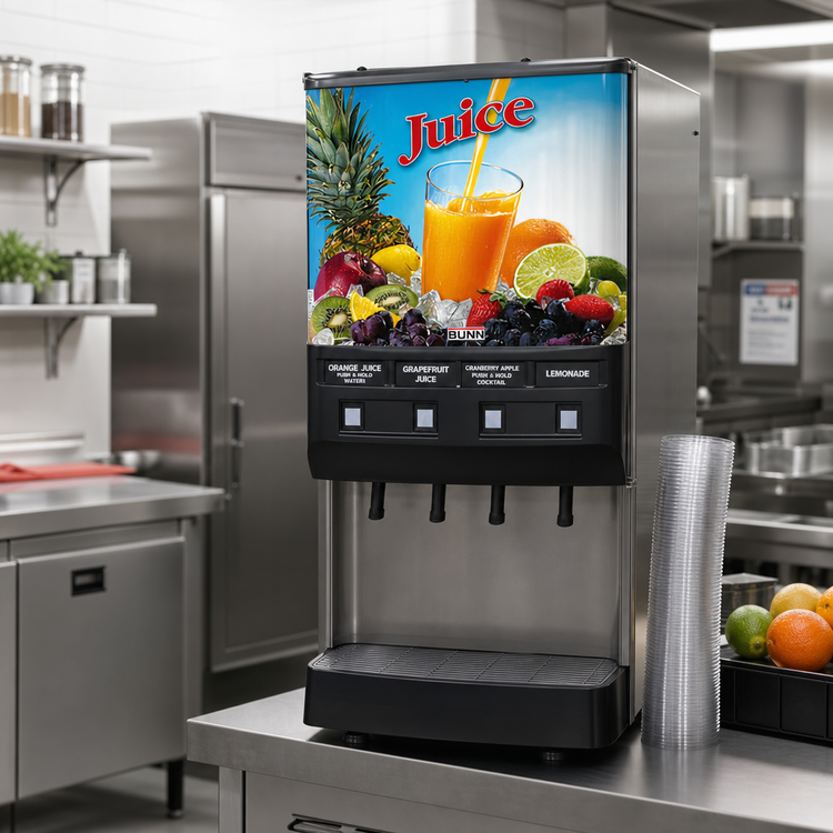 Product image #2 for BUNN Silver Series JDF-4S 4-Valve 4-Flavor Cold Beverage Dispenser System with Push-and-Hold Control
