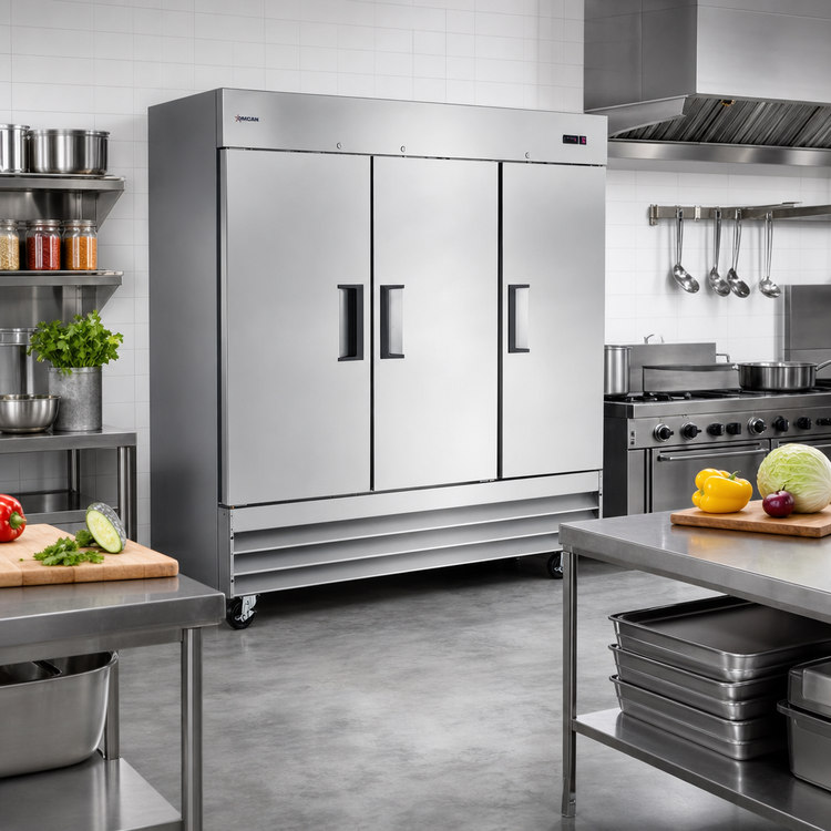 Product image #2 for Omcan 72 Cu. Ft. Three-Section Reach-In Refrigerator with Bottom-Mount Self-Contained Refrigeration