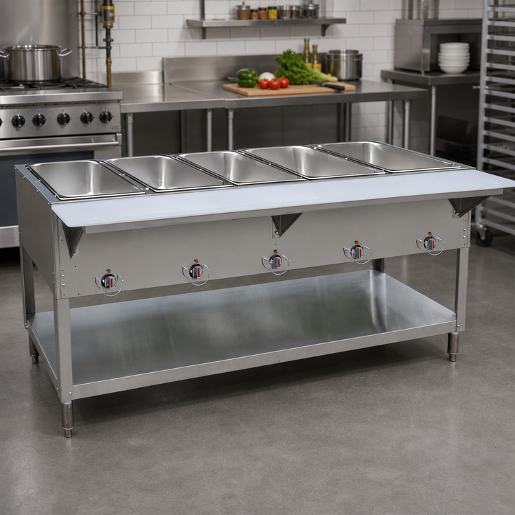 Product image #2 for BK Resources 5-Well Propane Commercial Steam Table with Cutting Board Shelf and Adjustable Undershelf