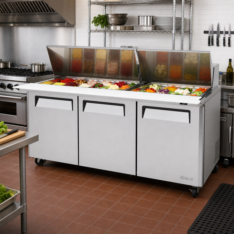 Product image #2 for Turbo Air M3 Series Three-Section Mega Top Sandwich/Salad Prep Table with Rear-Mounted Self-Contained Refrigeration, 30-Pan Top, 72-5/8 Inch Wide