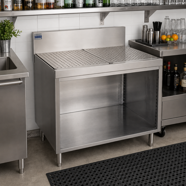 Product image #2 for Advance Tabco Prestige Supreme Stainless Steel 36-Inch Open Front Underbar Drainboard Cabinet with 7-Inch Backsplash