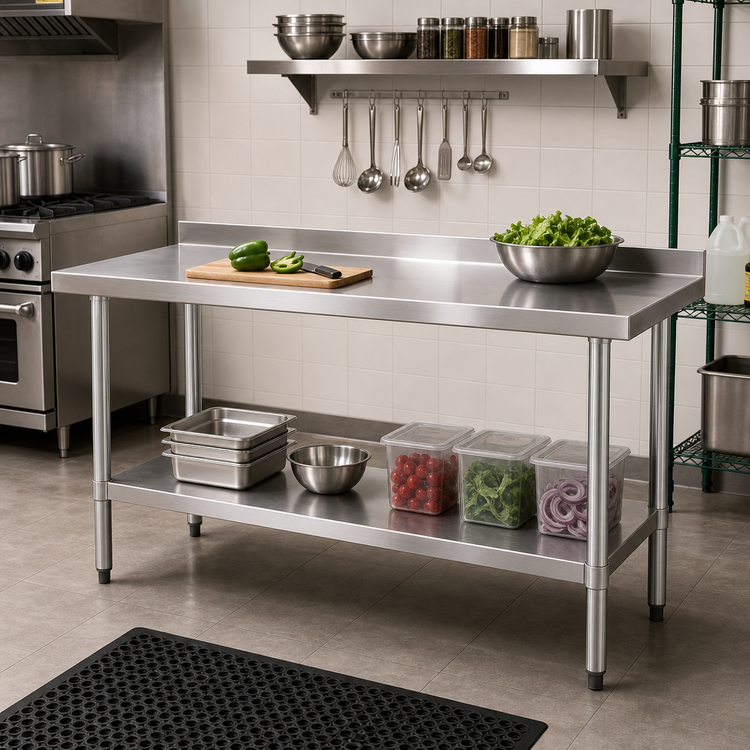 Product image #2 for 72-Inch x 24-Inch 18-Gauge 304 Stainless Steel Open Base Work Table with Undershelf and 2-Inch Rear Backsplash