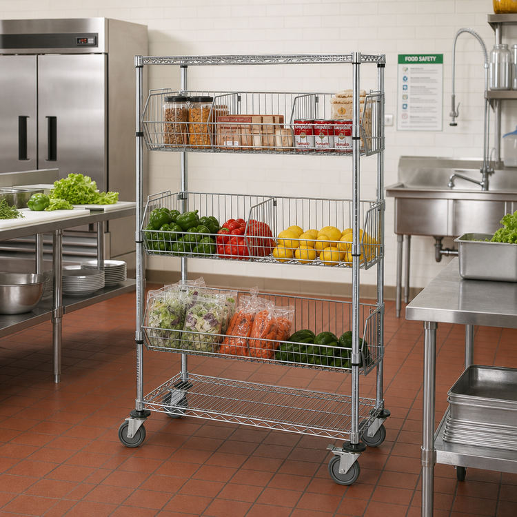 Product image #2 for Quantum Mobile Basket Unit with 3 Adjustable Baskets and Wire Shelves, 36W x 24D x 69H