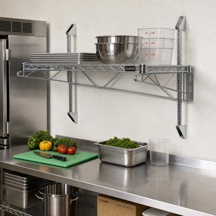 Product image #2 for Quantum Wall-Mount Cantilever Single Shelf Wire Shelving Unit, 42W x 21D, Chrome Plated