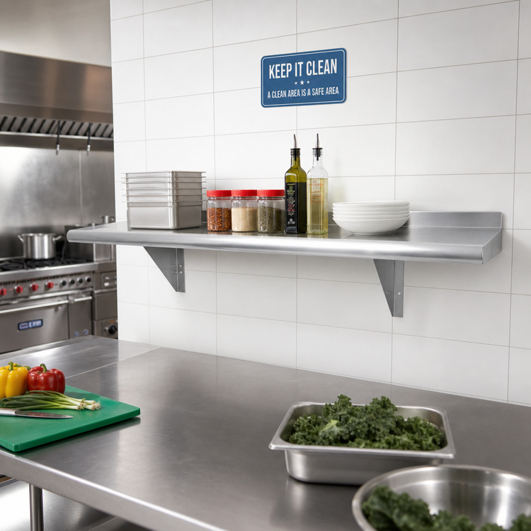 Product image #2 for Advance Tabco 120 Inch x 15 Inch Wall-Mounted Stainless Steel Shelf, 18 Gauge 430 Satin Finish