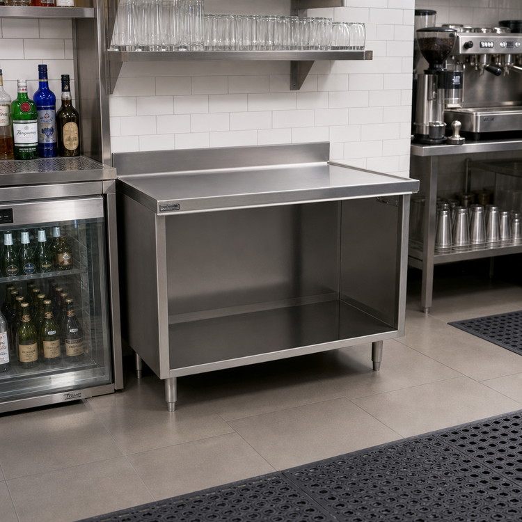 Product image #2 for Spec-Master Marine Series Underbar Stainless Steel Work Table with Cabinet Base, Open Front, and 4-1/2 Inch Backsplash, 36 x 24 Inches