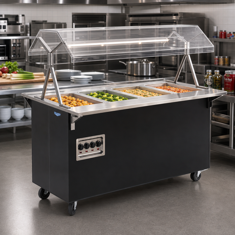 Product image #2 for Vollrath 2-Series Affordable Portable 4-Well Mobile Hot Food Station with Buffet Breath Guard, Lights, and Enclosed Storage Base