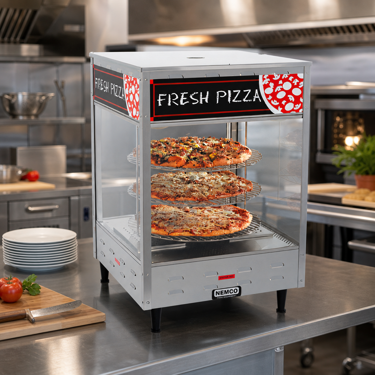 Product image #2 for Rotating 3-Tier Pizza Merchandiser Hot Food Display with 12-Inch Racks, Stainless Steel and Tempered Glass