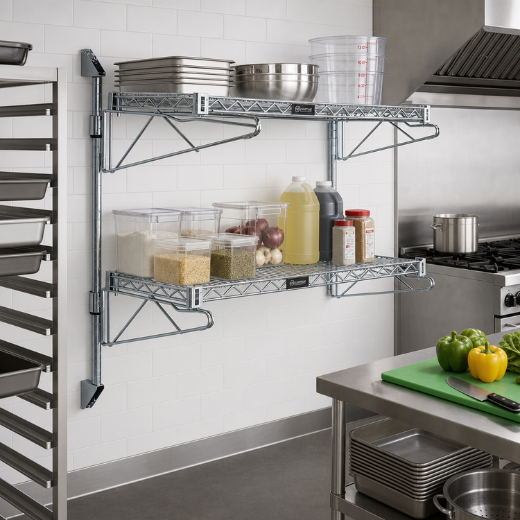 Product image #2 for Quantum Cantilever Double Shelf Post Wall-Mount Wire Shelving Unit, 60 x 21 Inches