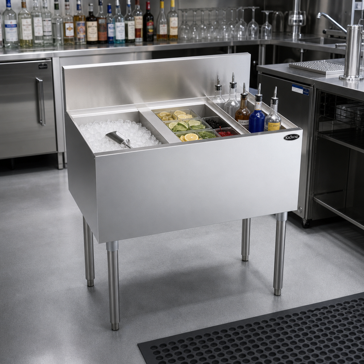 Product image #2 for Krowne Royal Series 32-Inch Underbar Speed Multi Station with 10-Circuit Cold Plate, Left Ice Bin, and Insulated Bottle Well