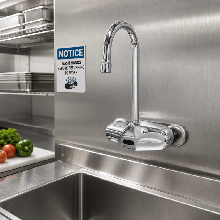 Product image #2 for T&S Brass ChekPoint Wall-Mount Touchless Electronic Faucet with 4-Inch Centers, Rigid Gooseneck Spout and Thermostatic Mixing Valve