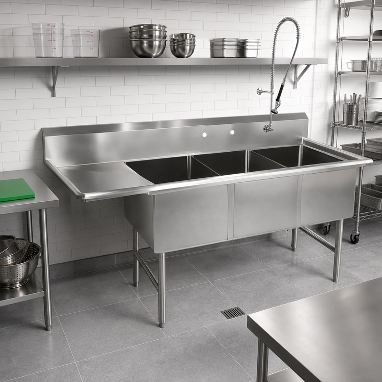 Product image #2 for John Boos B-Series Commercial 3-Compartment Sink with Left Drainboard, 76-3/16 Inch Wide, 16-Gauge Stainless Steel