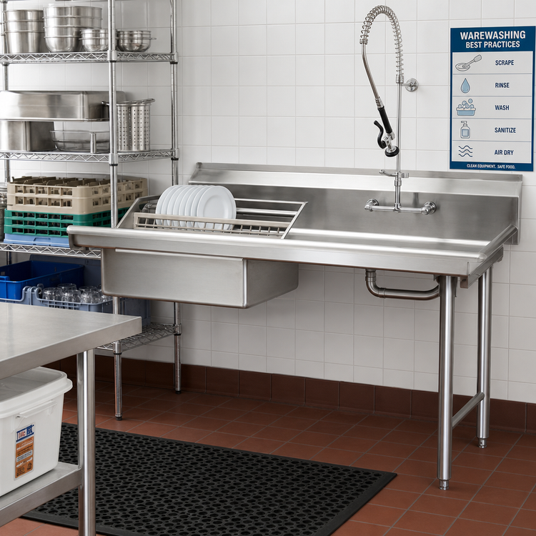 Product image #2 for Eagle Group Straight Soiled Dish Table with Pre-Rinse Sink, 60 x 30 x 43.5 Inches, Right-to-Left Operation, 16-Gauge 430 Stainless Steel Top