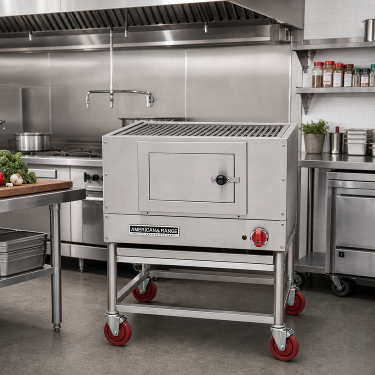 Product image #2 for American Range 60-Inch Wood or Charcoal Floor Model Broiler with 2 Burners, Gas Log Lighter, and Round Rod Grates