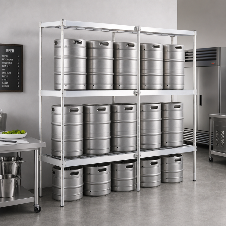 Product image #2 for New Age Aluminum Keg Rack with 3 T-Bar Shelves, 93W x 18D x 76H, 10 Half-Barrel or 34 Sixth-Barrel Capacity