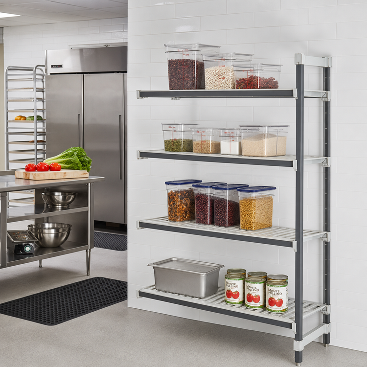 Product image #2 for Cambro Camshelving Elements XTRA Stationary Add-On Polymer Shelving Unit, 24" x 48" x 84", 4-Tier Vented, Gray