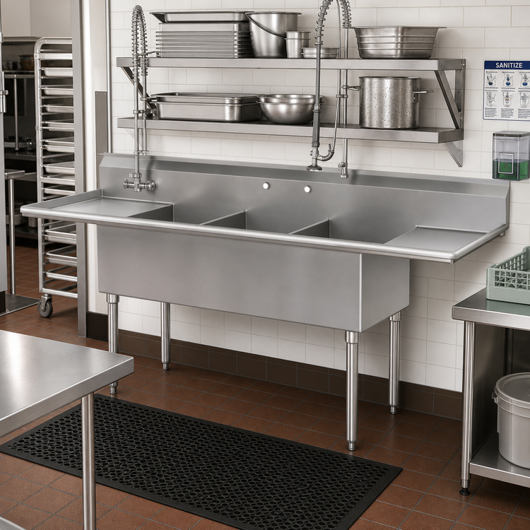 Product image #2 for Eagle Group Three-Compartment Utility Sink with Double Drainboards, 72-1/4 Inch Wide, 430 Stainless Steel