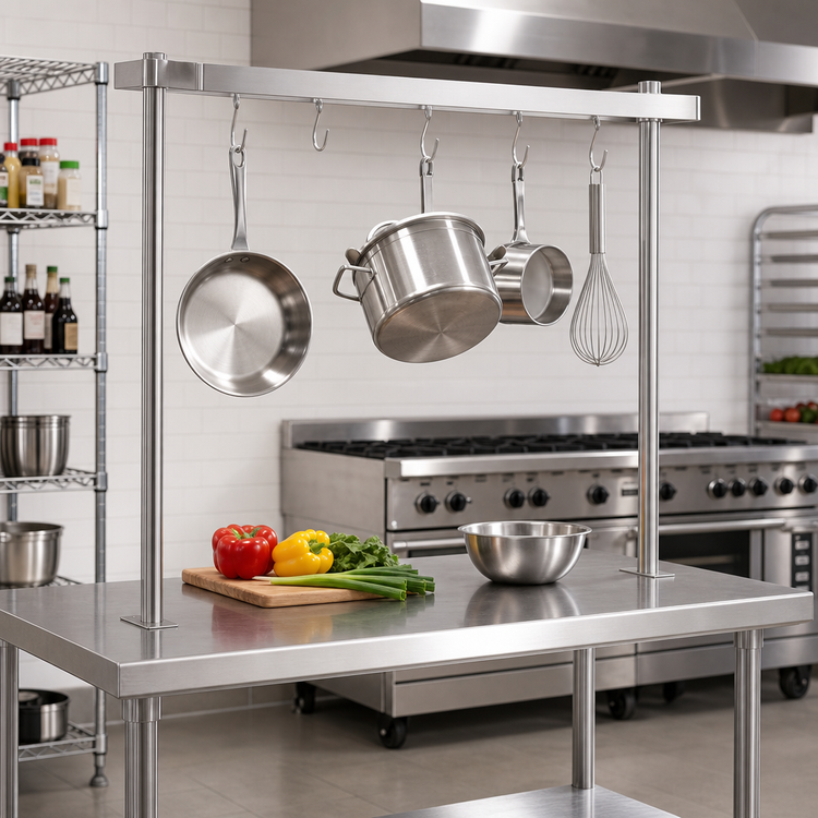 Product image #3 for 48-Inch Adjustable Table-Mounted Stainless Steel Pot Rack with Double-Prong Hooks