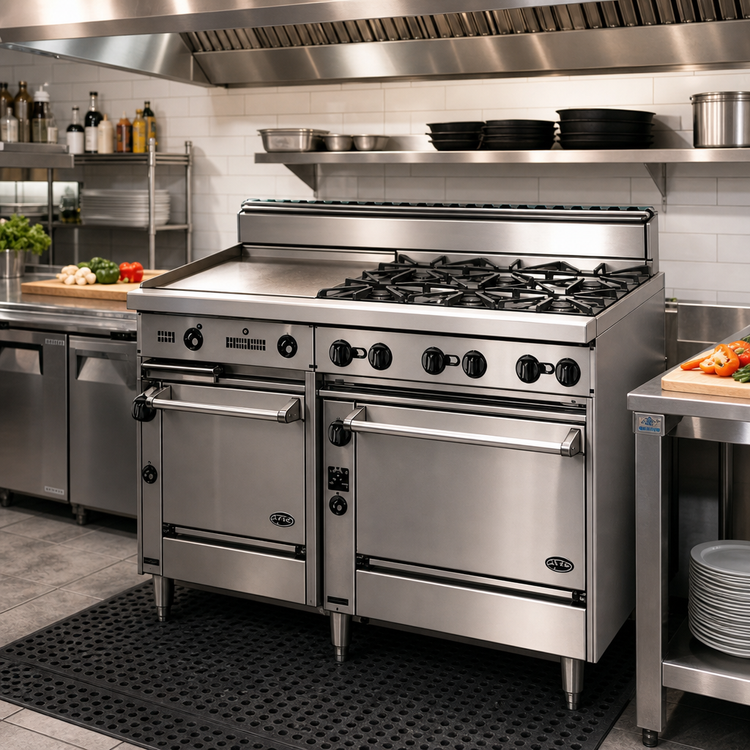Product image #2 for Bistro 60-Inch Gas Restaurant Range with 4 Open Burners, 36-Inch Griddle, Standard Oven and Cabinet