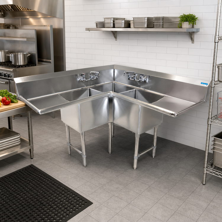 Product image #2 for BK Resources Three-Compartment Corner Sink with Dual 24-Inch Drainboards