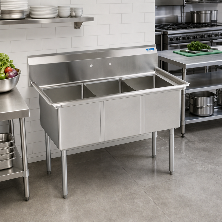 Product image #2 for BK Resources 3-Compartment Stainless Steel Sink, 50-Inch Wide, 14-Inch Deep Bowls