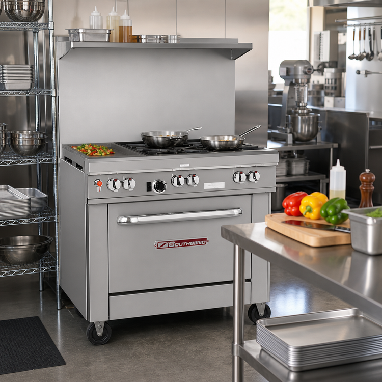 Product image #2 for Southbend Ultimate 36-Inch Gas Restaurant Range with 4 Open Burners, 12-Inch Left Griddle and Standard Oven