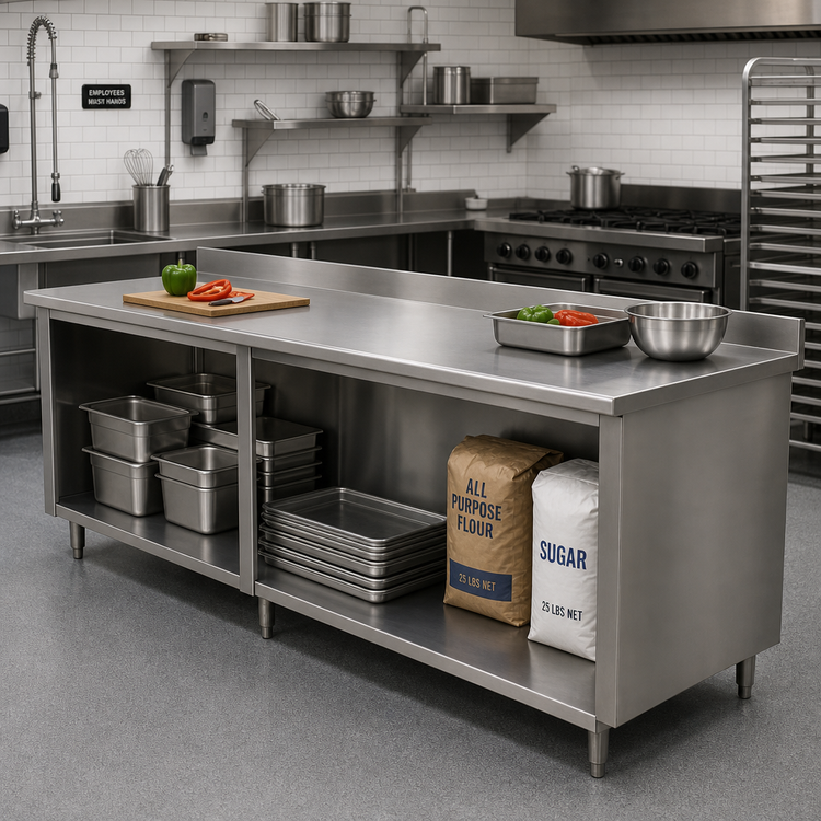 Product image #2 for Advance Tabco Special Value Series 120-Inch x 24-Inch 16-Gauge 304 Stainless Steel Open Base Work Table with 5-Inch Backsplash