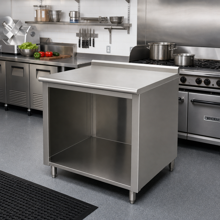 Product image #2 for Advance Tabco 48" x 30" Stainless Steel Work Table with Open Front Cabinet Base and 1-1/2" Rear Up-Turn