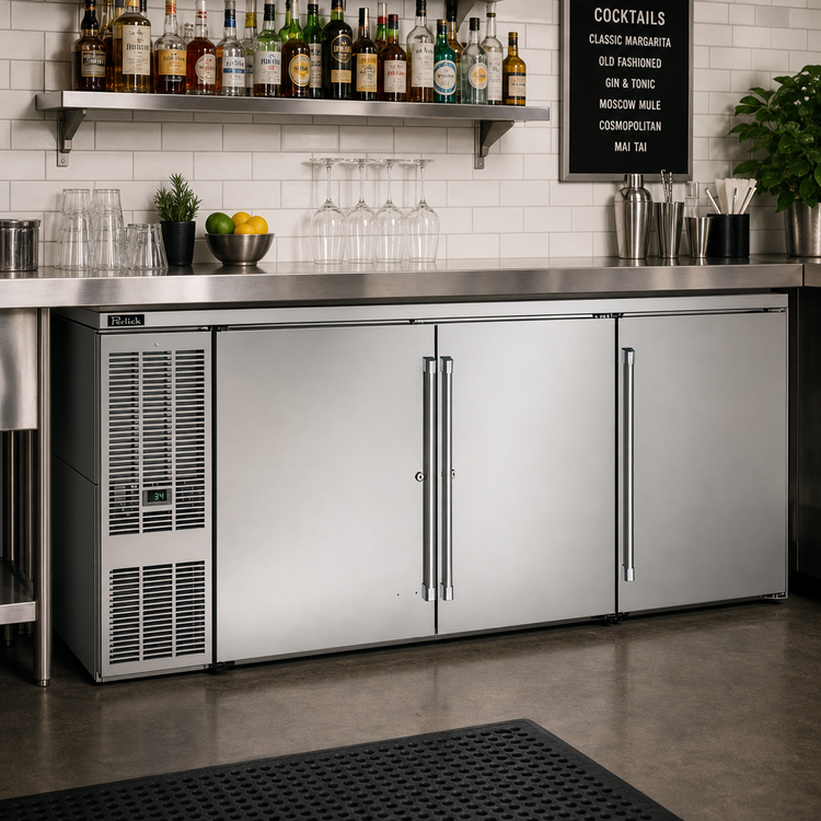 Product image #2 for Perlick Quick Ship BBS84-SS-L-STK 84" Three-Section Refrigerated Back Bar Cabinet